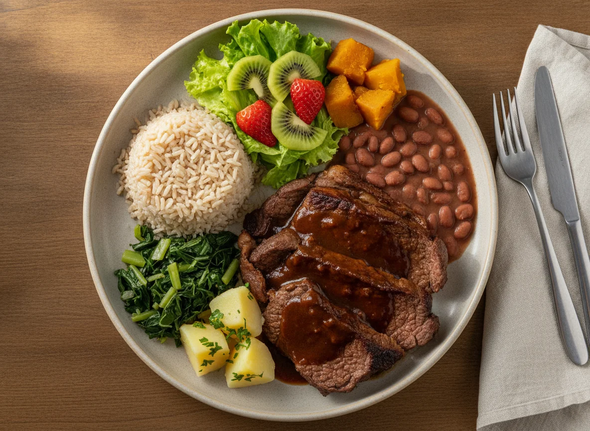 Prato feito com carne assada, arroz integral, feijão e salada photo