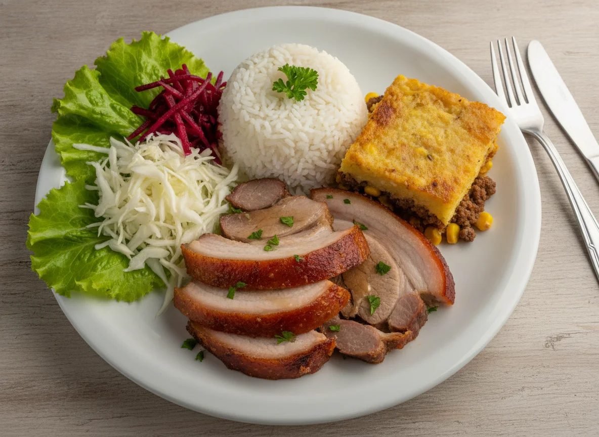 Prato Feito com Carne Assada, Arroz, Salada e Escondidinho photo