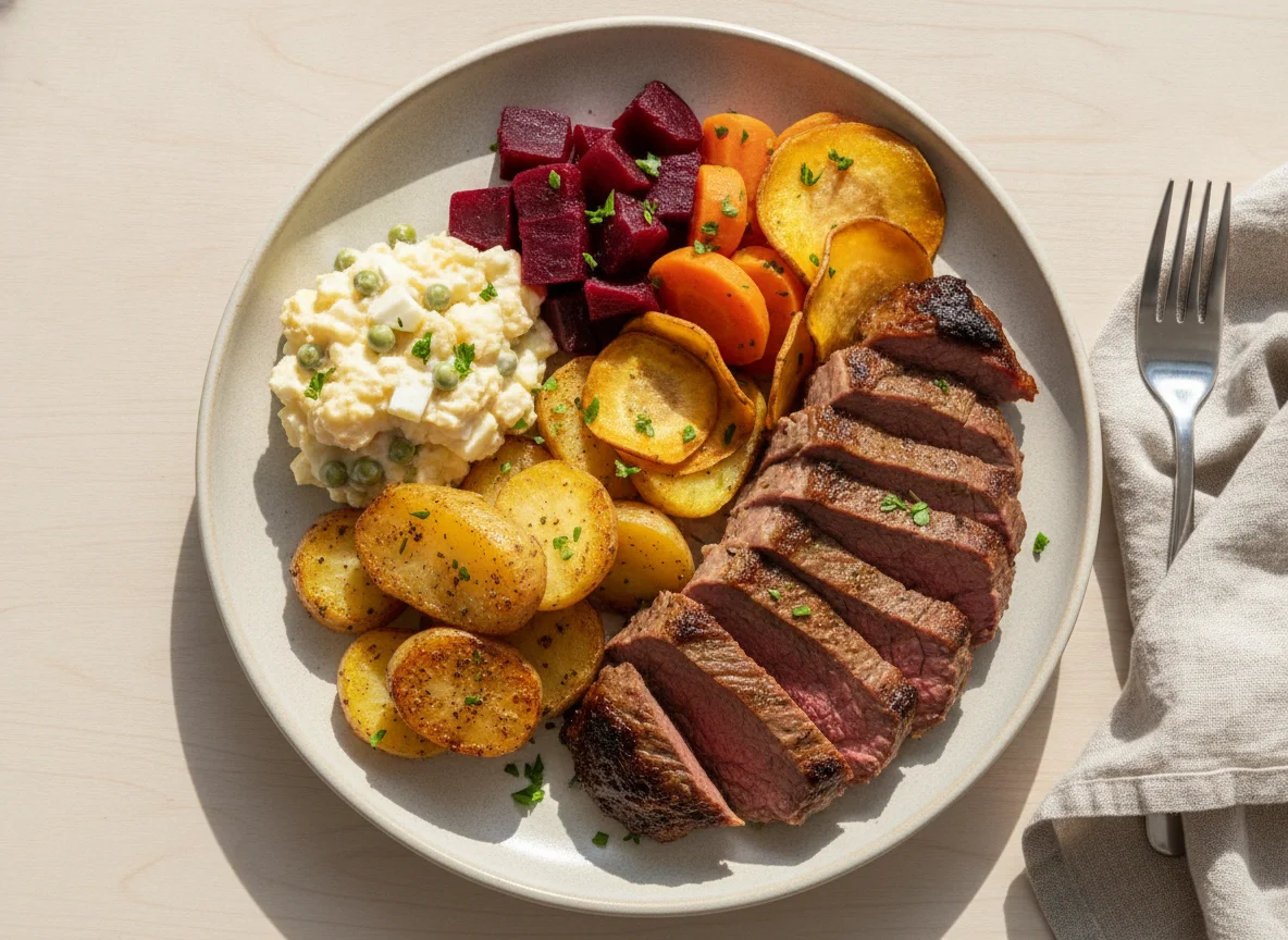 Prato feito com carne assada, batatas e legumes photo