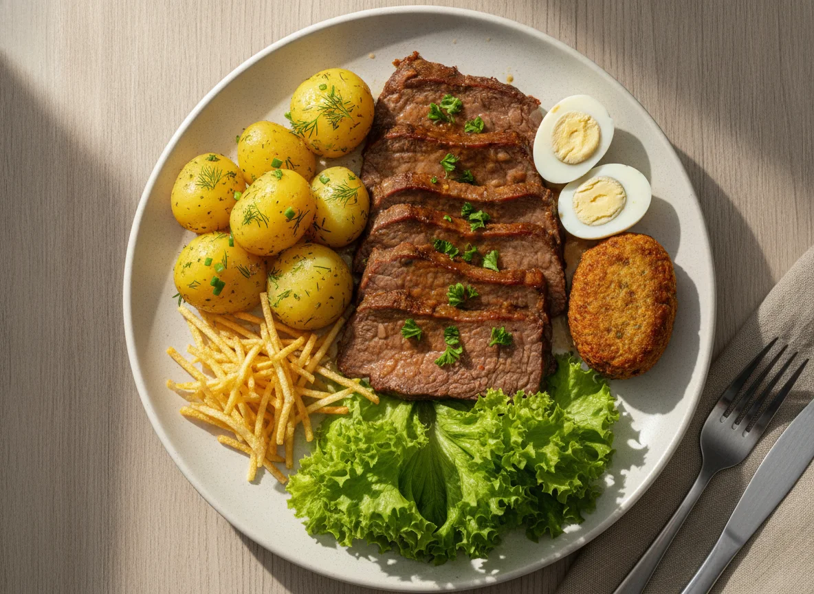 Prato Feito com Carne Assada, Batatas e Ovos de Codorna photo