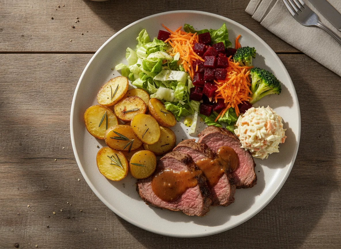 Prato Feito com Carne Assada, Batatas e Salada Mista photo
