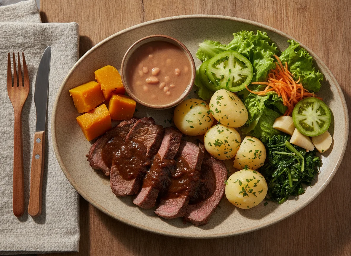 Prato feito com carne assada, batatas e salada photo