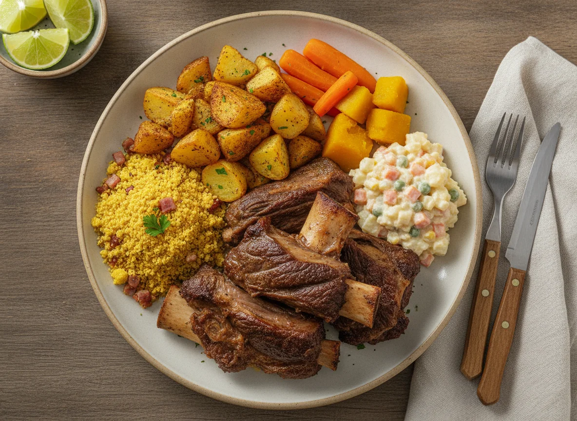Prato feito com carne assada, batatas e saladas photo