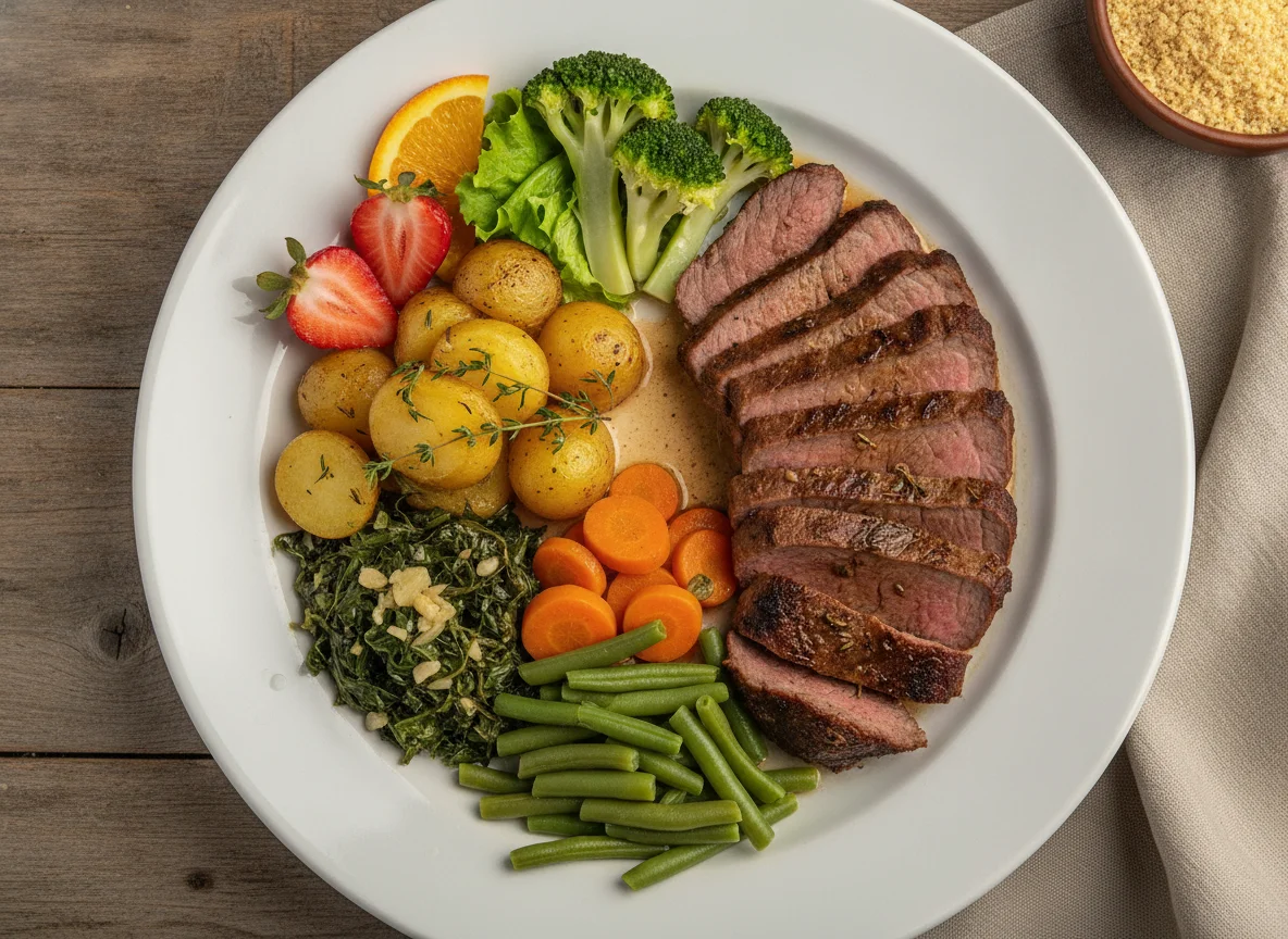 Prato feito com carne assada, batatas e vegetais photo