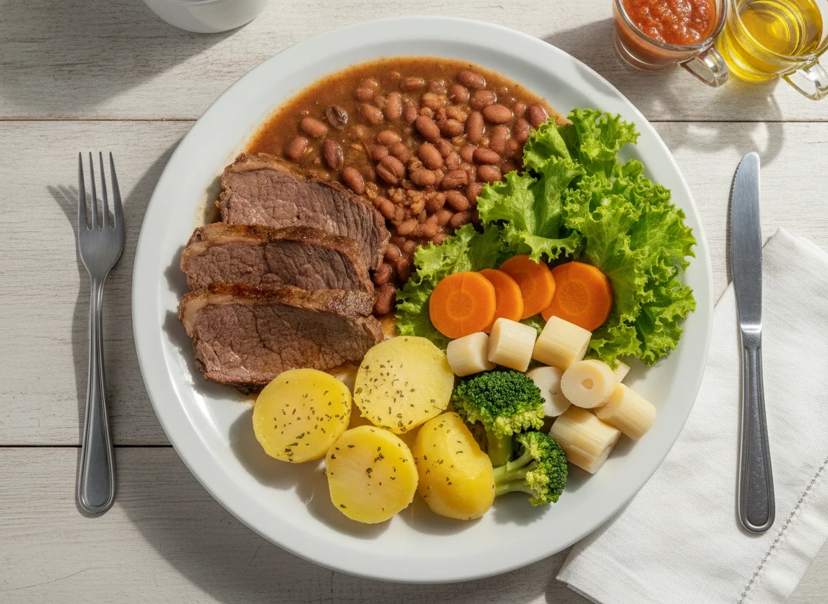 Prato feito com carne assada, batatas, feijão e salada photo