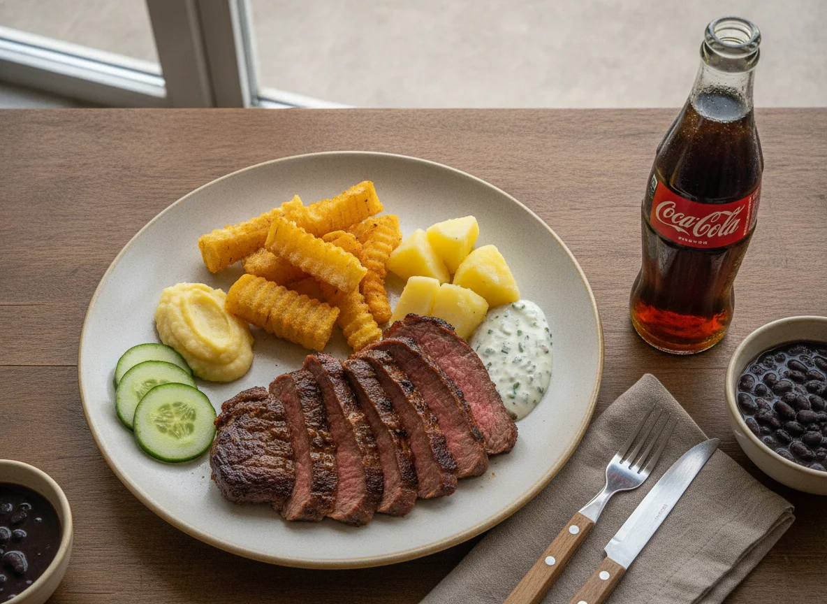 Prato feito com carne assada, batatas, mandioca frita e refrigerante photo