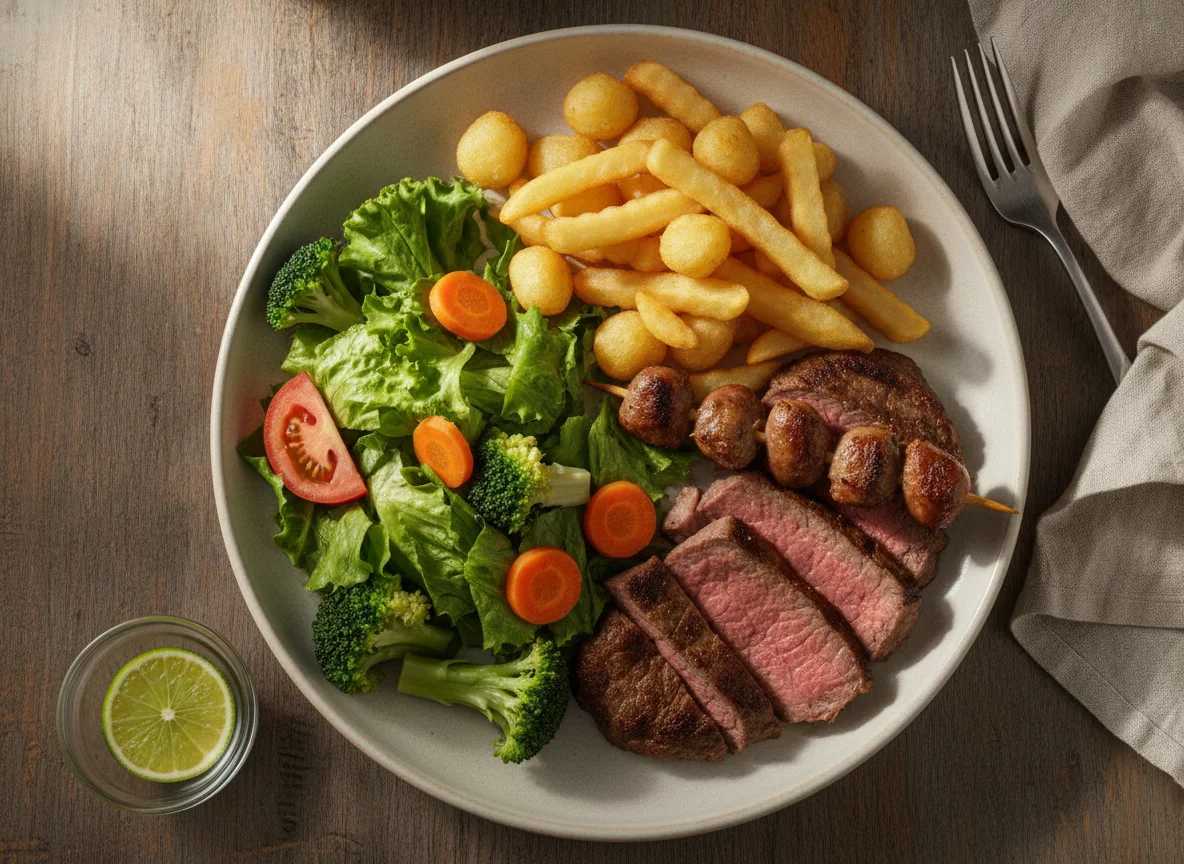 Prato Feito com Carne Assada, Coração de Frango e Salada photo