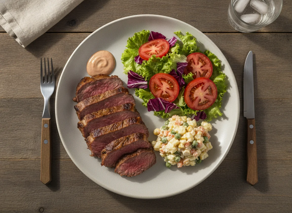 Prato feito com carne assada e salada mista photo