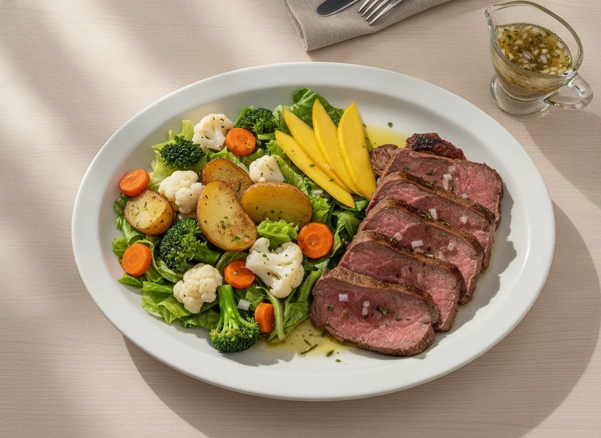 Prato feito com carne assada e salada variada photo