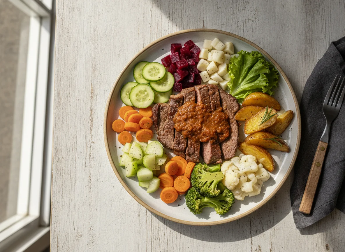 Prato feito com carne assada e saladas variadas photo