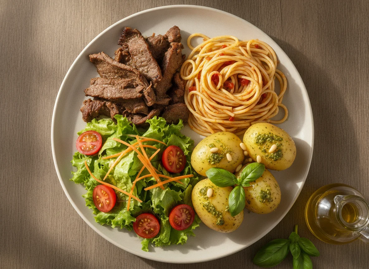 Prato feito com carne assada, espaguete, batatas e salada photo