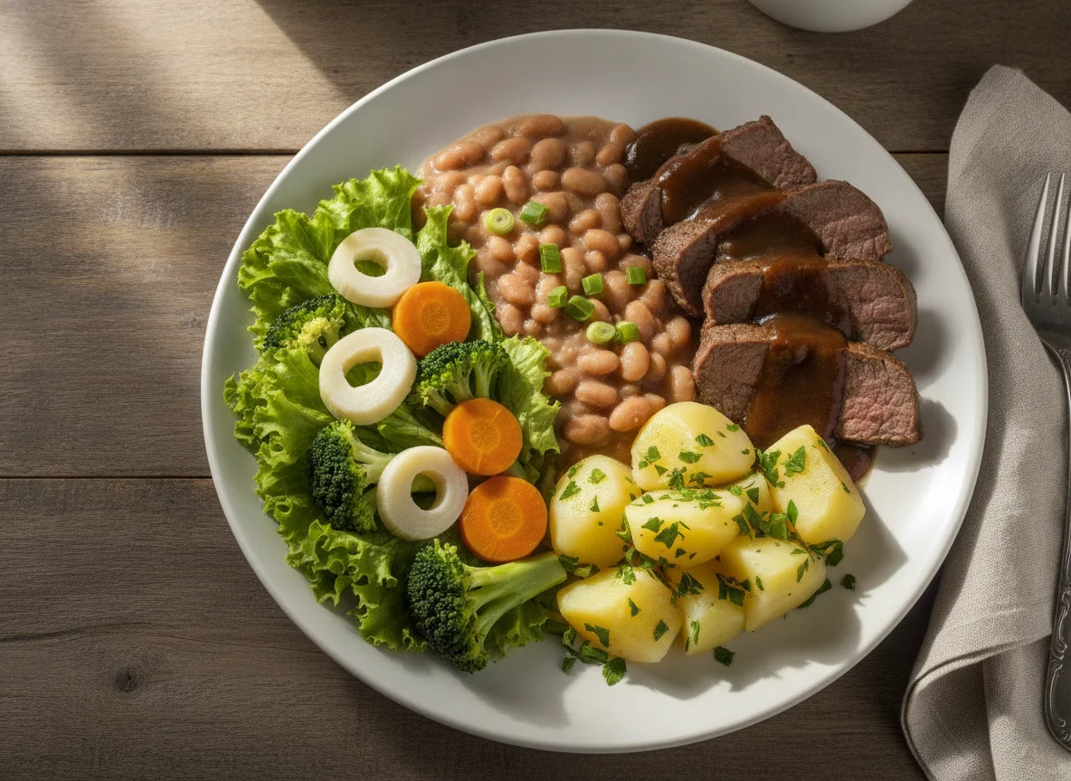 Prato feito com carne assada, feijão, batatas e salada photo