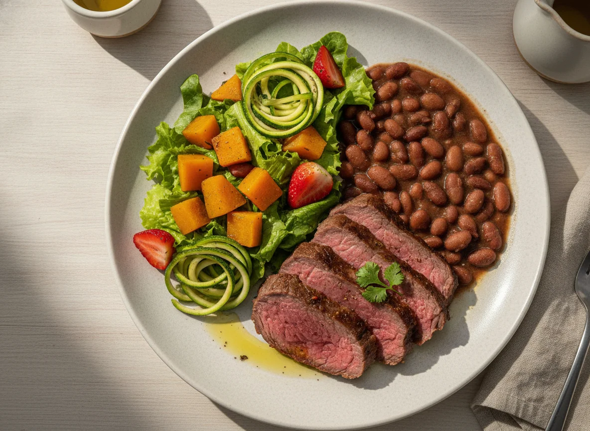 Prato feito com carne assada, feijão e salada photo