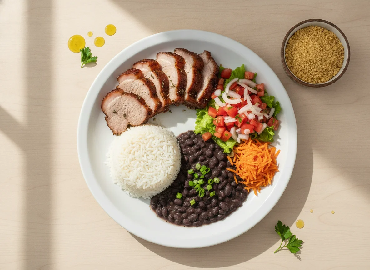 Prato Feito com Carne Assada, Feijão Preto e Salada photo