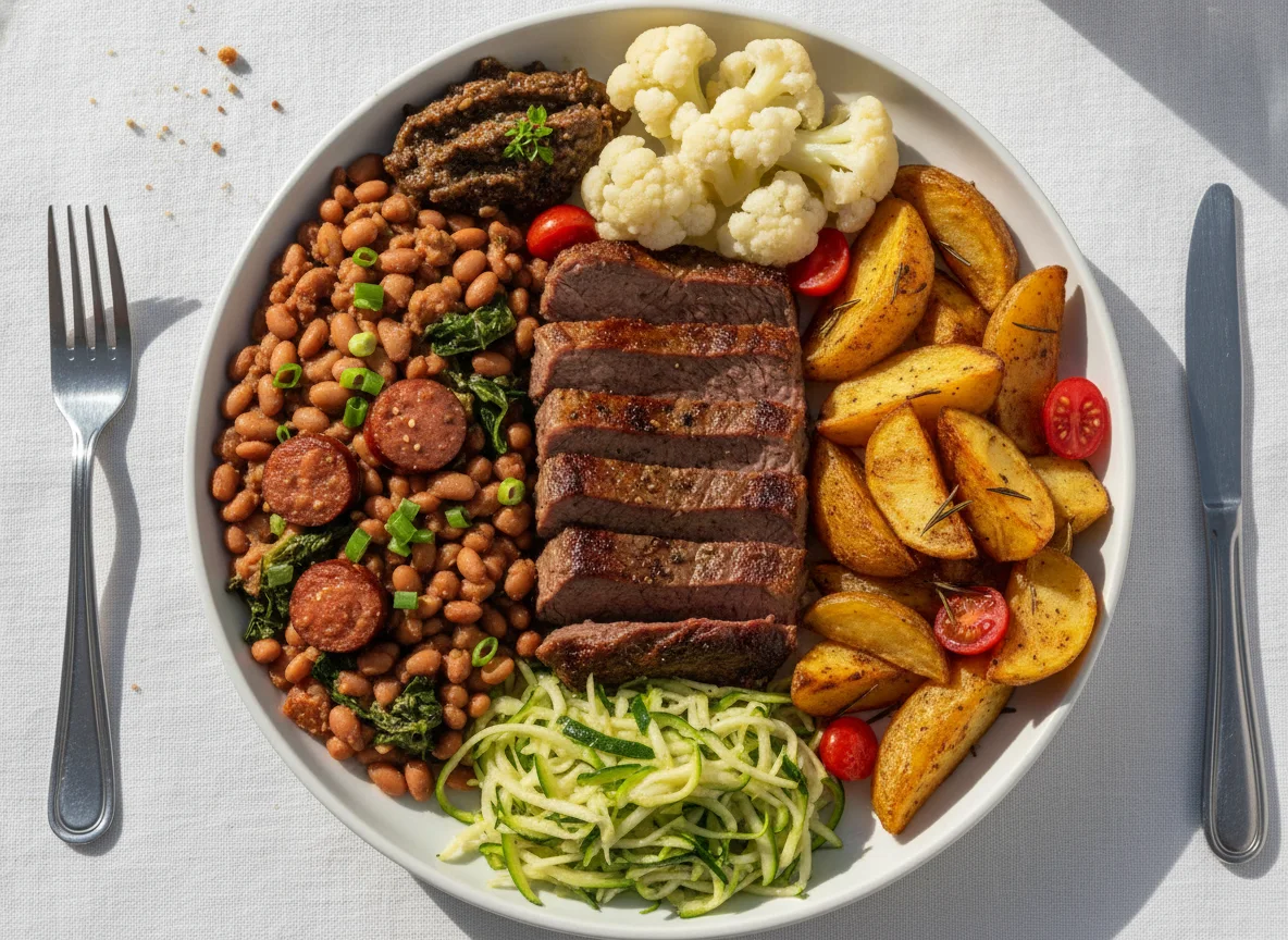 Prato Feito com Carne Assada, Feijão Tropeiro e Legumes photo