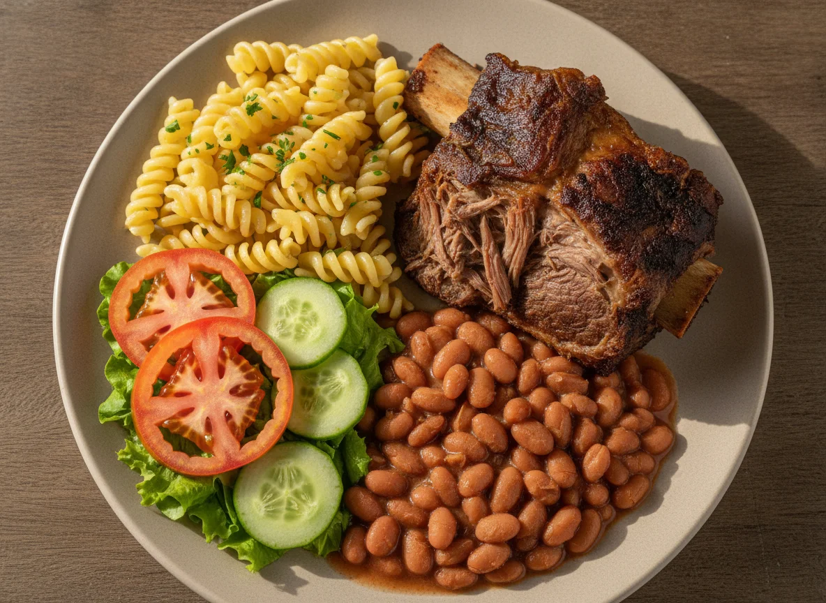 Prato Feito com Carne Assada, Macarrão, Feijão e Salada photo