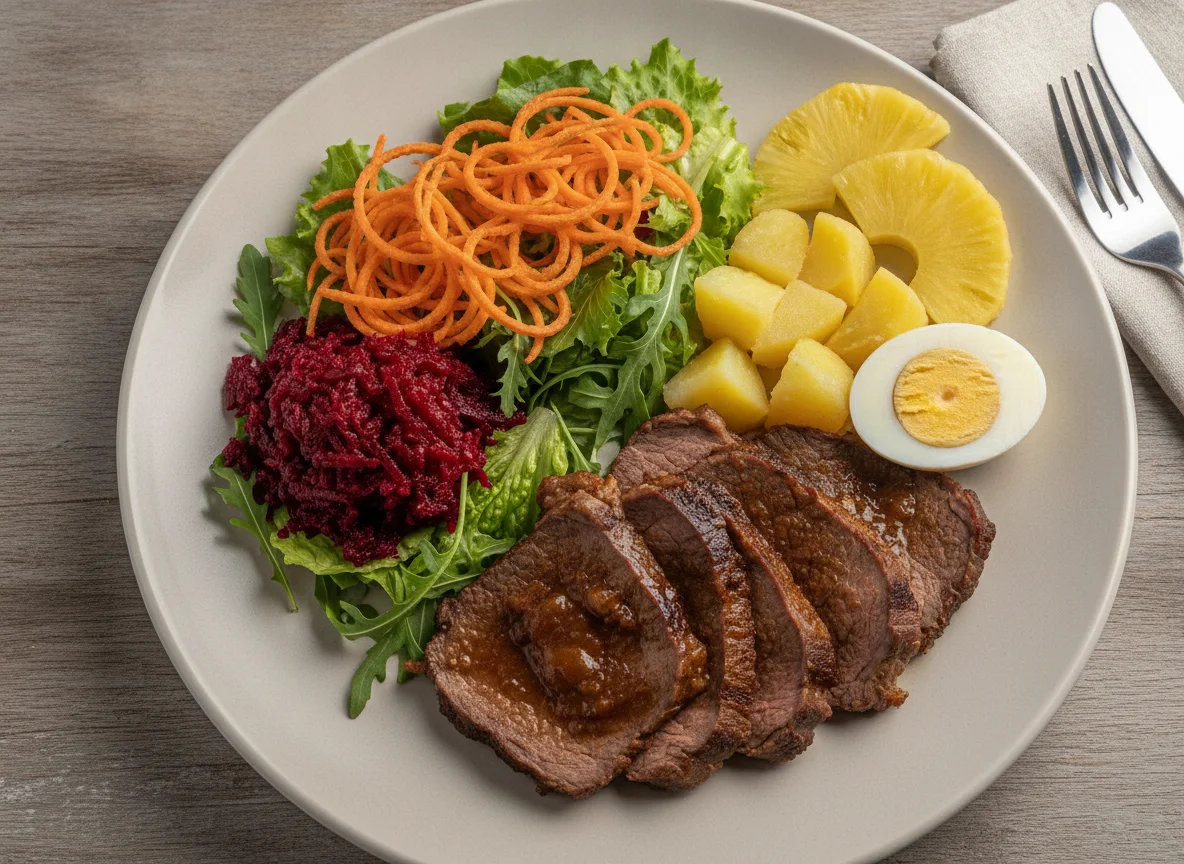 Prato feito com carne assada, ovo cozido e salada photo