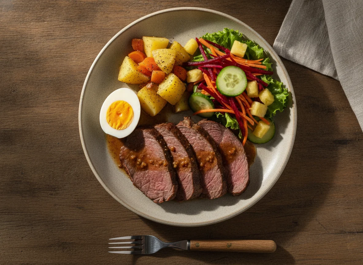 Prato feito com carne assada, ovo e salada photo