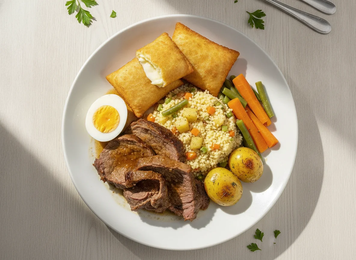 Prato feito com carne assada, pastel, ovo e cuscuz photo