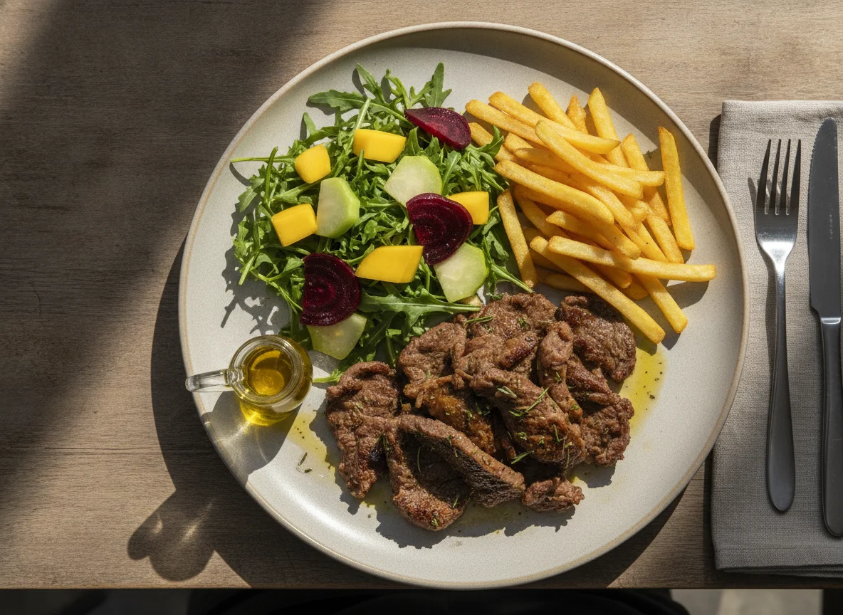 Prato feito com carne assada, salada de rúcula com manga, chuchu e beterraba photo