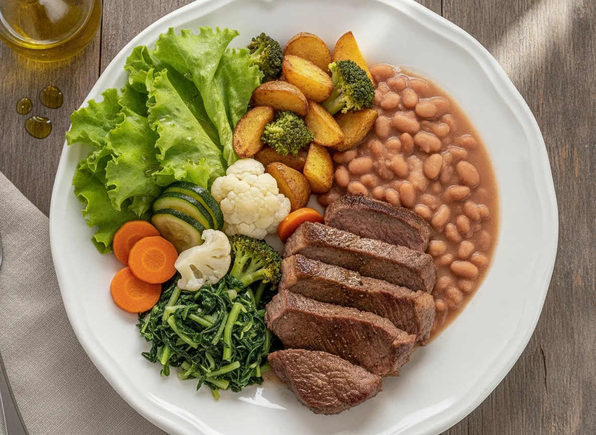 Prato feito com carne assada, salada e legumes photo