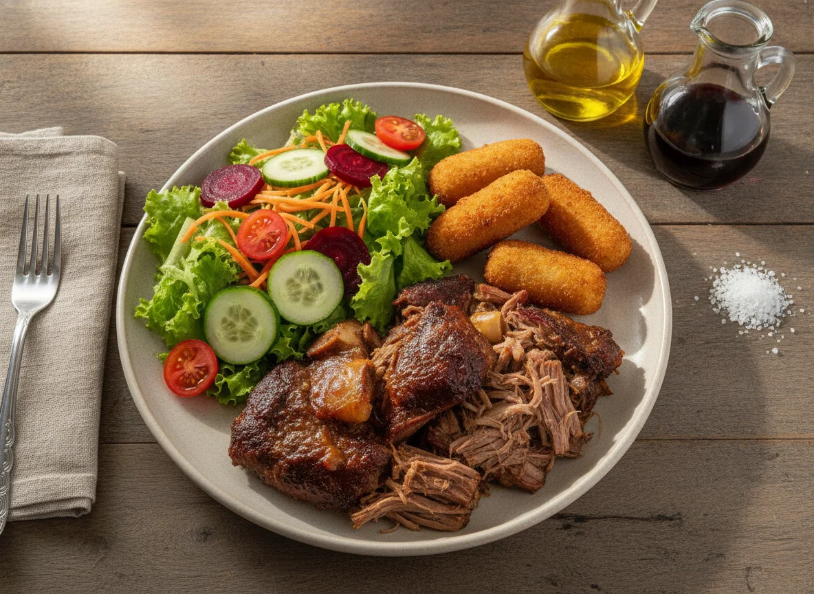 Prato feito com carne assada, salada mista e croquete photo
