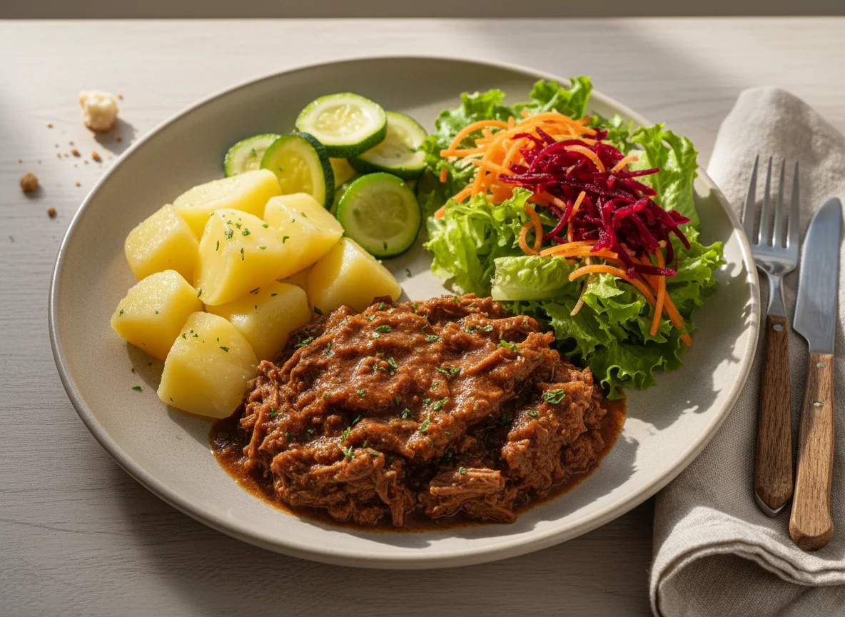 Prato feito com carne, batata, abobrinha e salada photo