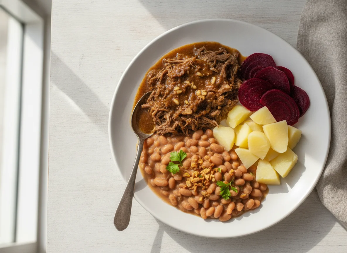 Prato feito com carne, batata, beterraba e feijão photo
