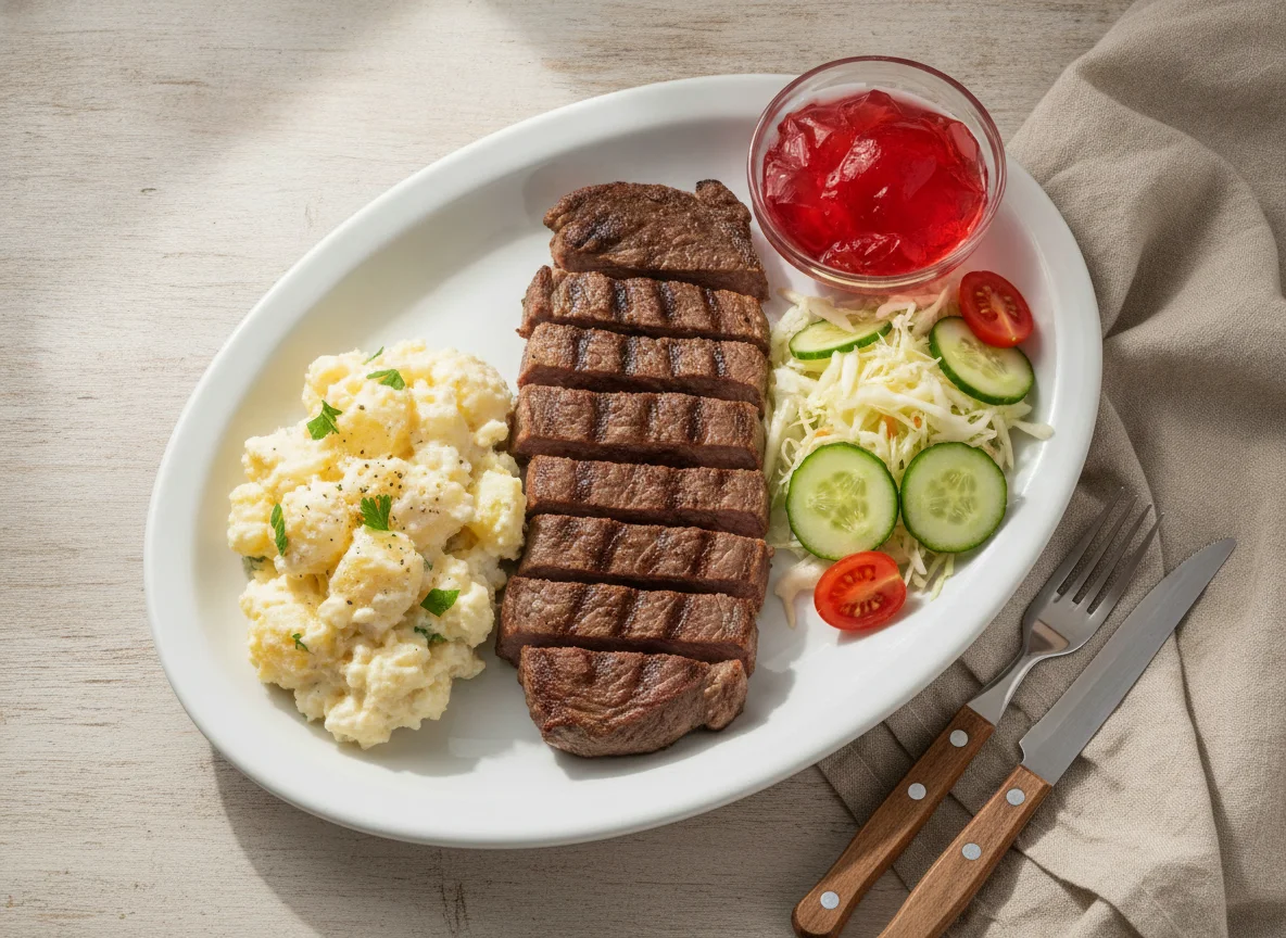 Prato feito com carne, batata cozida com maionese e salada mista photo