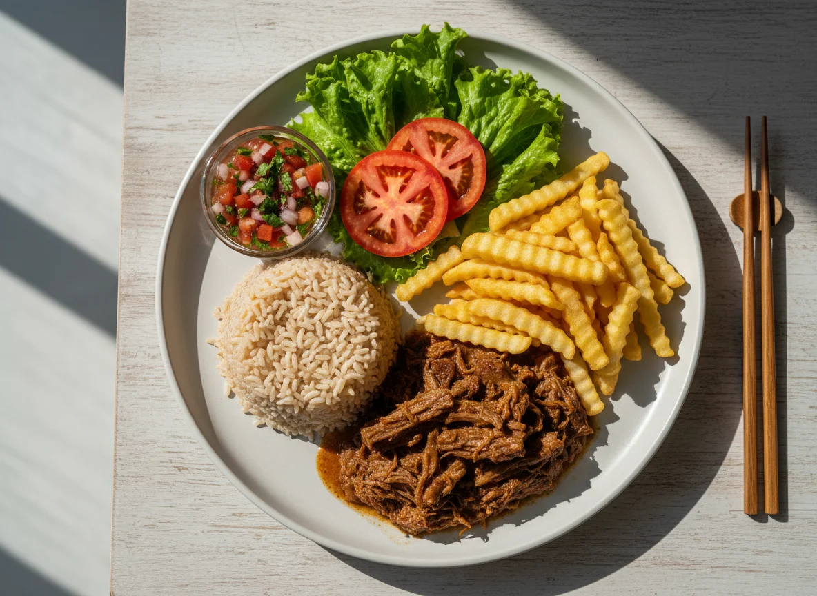 Prato feito com carne, batata frita, arroz, salada e vinagrete photo