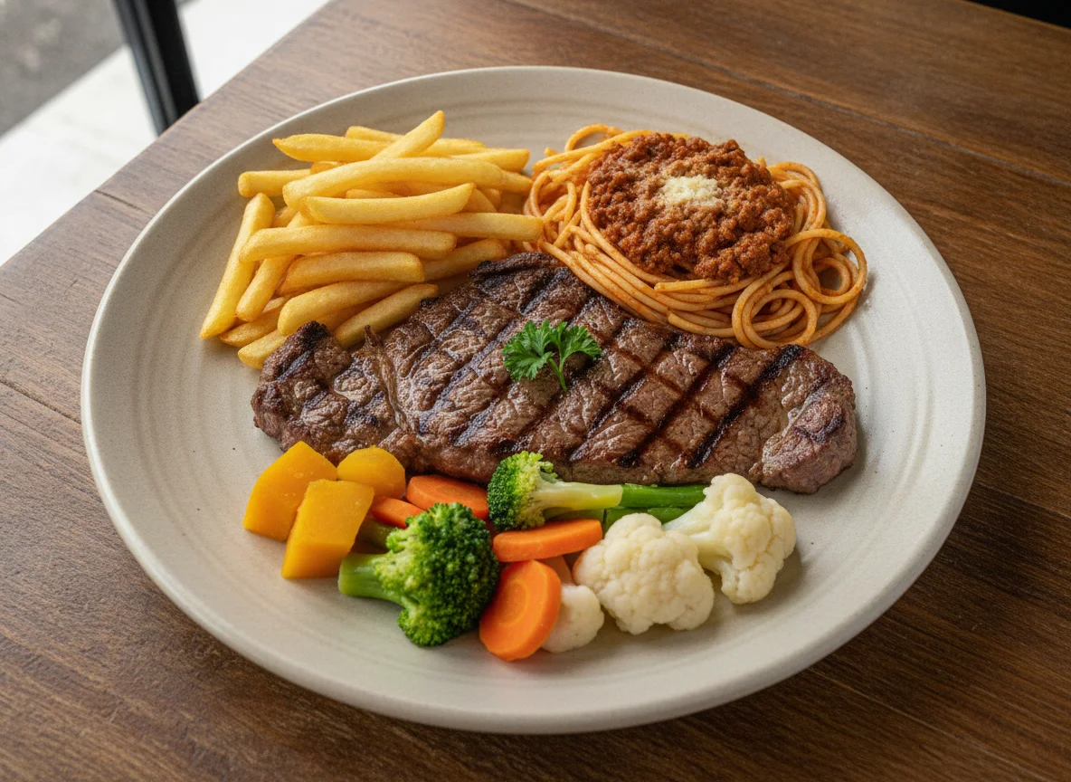 Prato Feito com Carne, Batata Frita e Vegetais photo