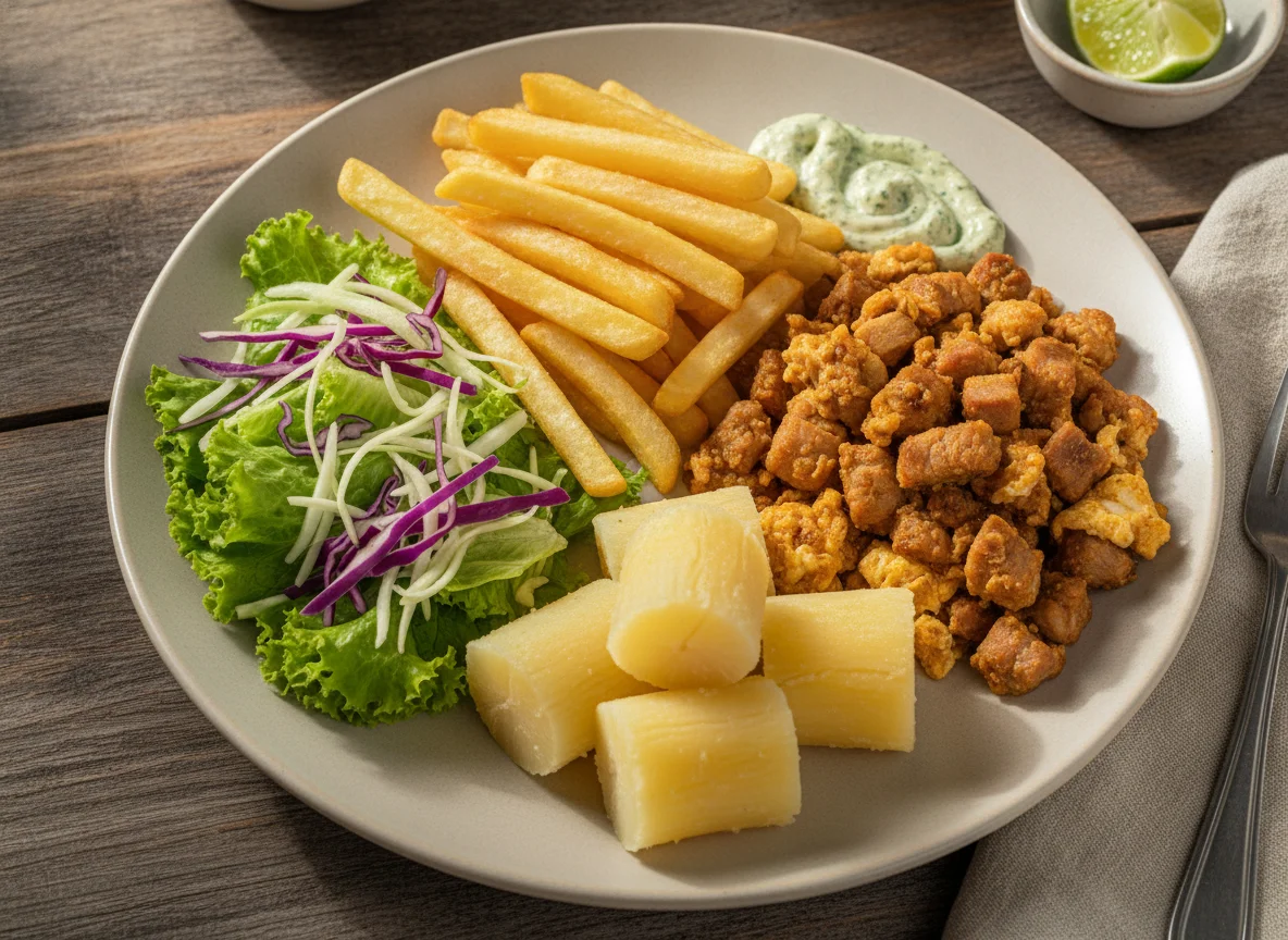 Prato feito com carne, batata frita, mandioca e salada photo