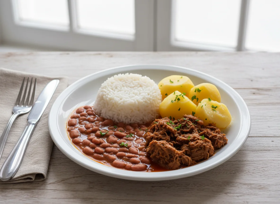 Prato feito com carne, batatas, arroz e feijão photo