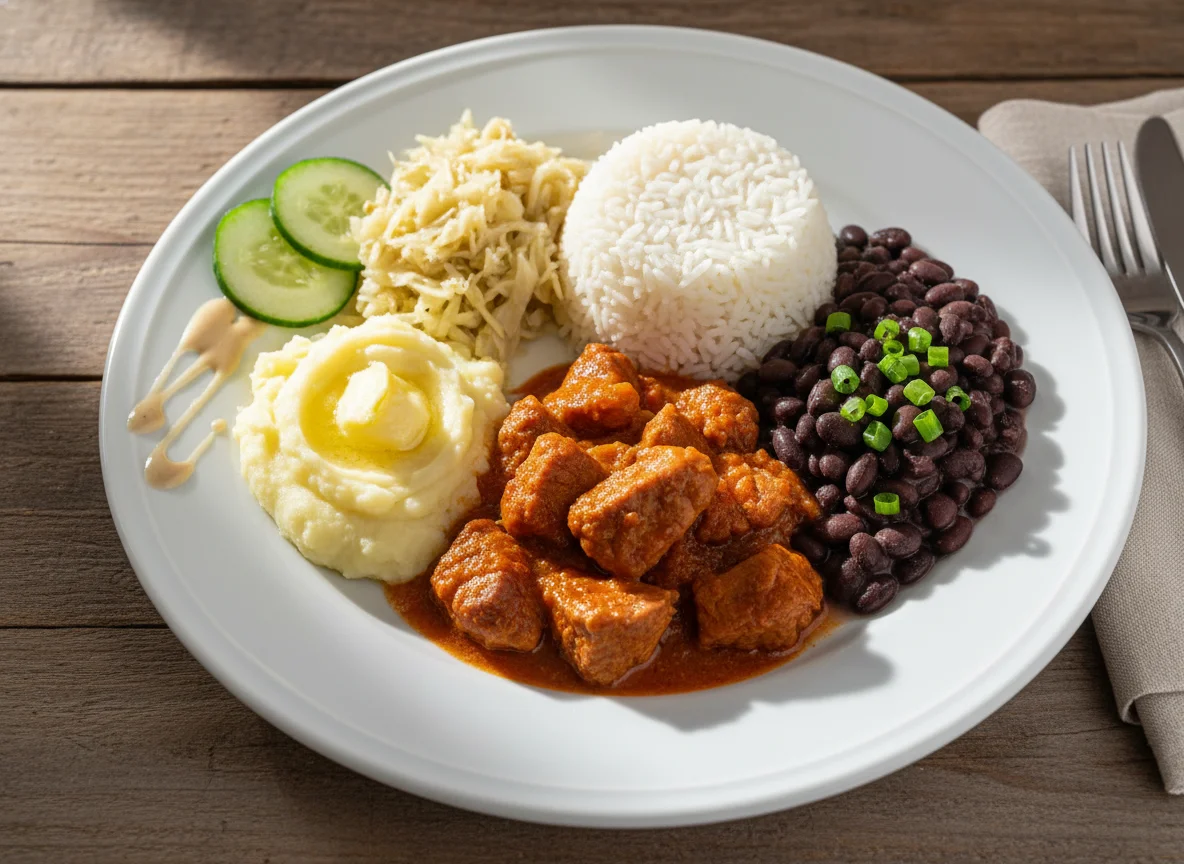 Prato feito com carne, batatas, arroz, feijão e saladas photo