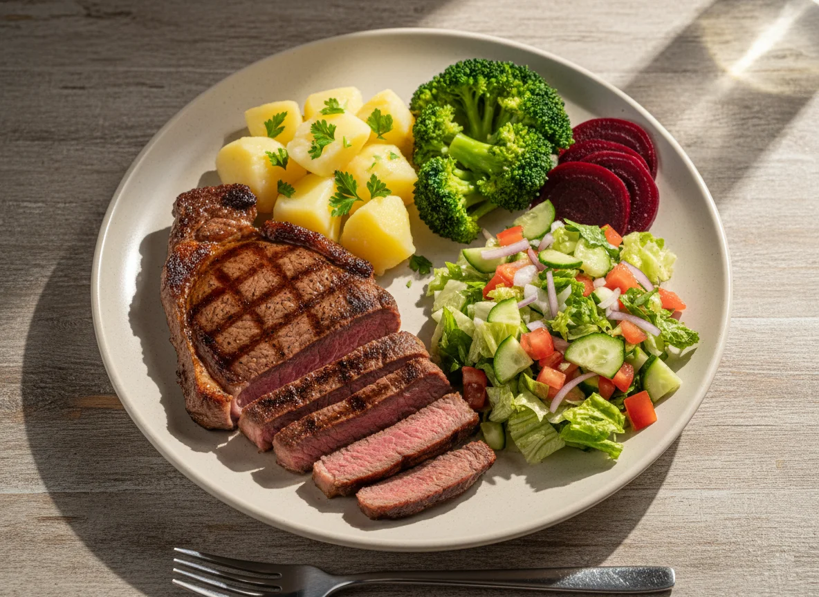Prato feito com carne, batatas e salada photo