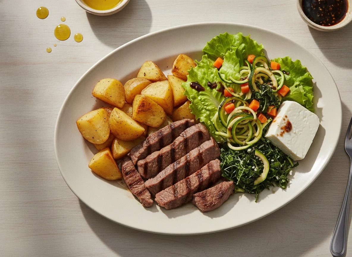 Prato Feito com Carne Bovina, Batatas e Salada photo
