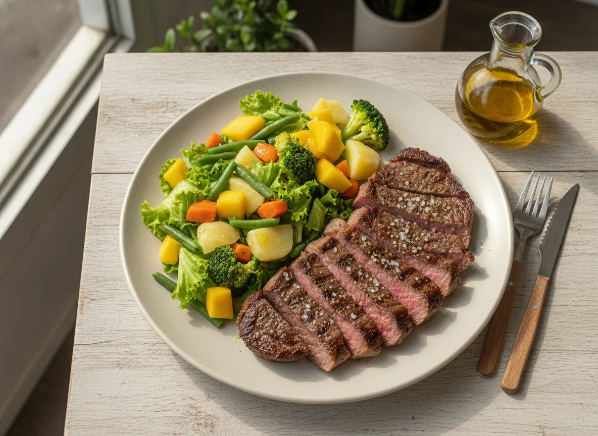 Prato feito com carne bovina e salada variada photo