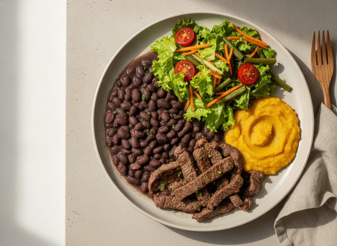 Prato feito com carne bovina, feijão, purê de abóbora e salada photo