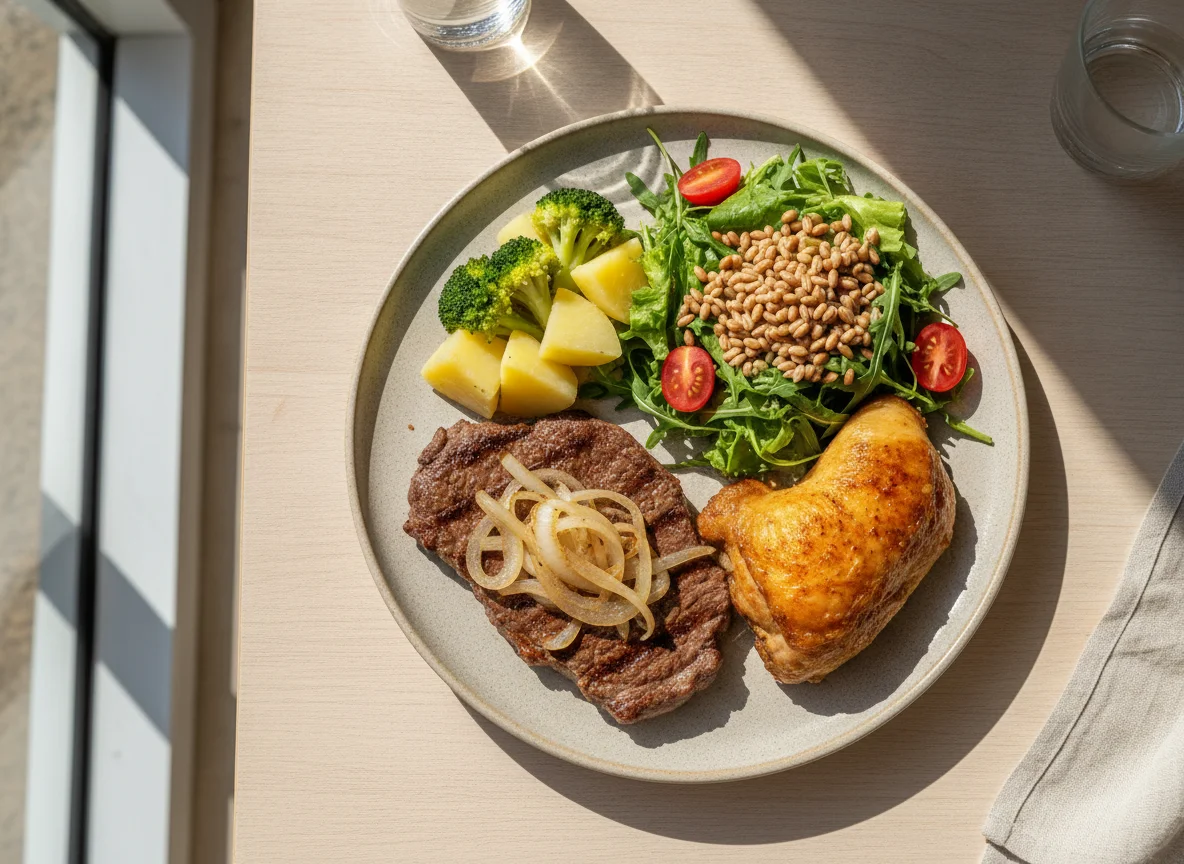 Prato feito com carne bovina, frango assado, salada e legumes photo