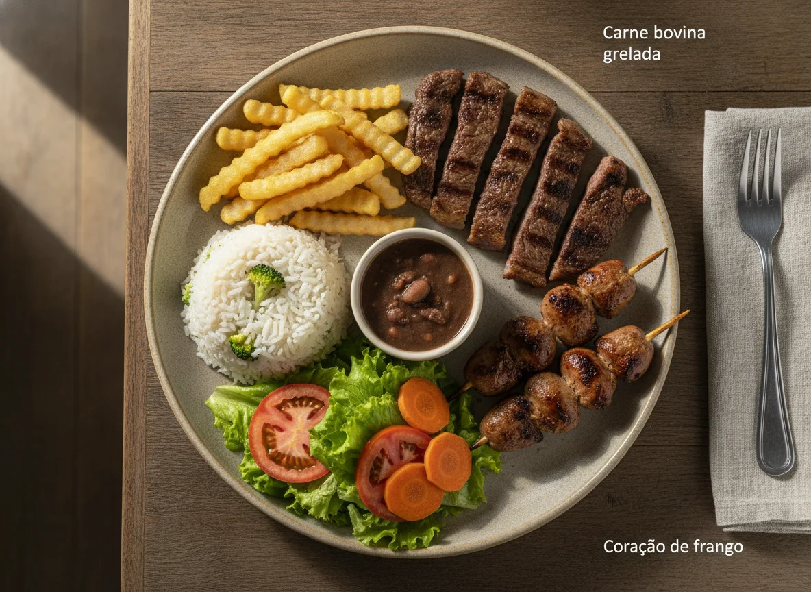 Prato Feito com Carne, Coração de Frango e Acompanhamentos photo