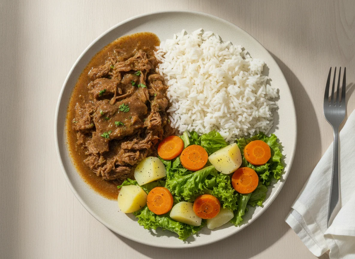 Prato feito com carne cozida, arroz e salada photo