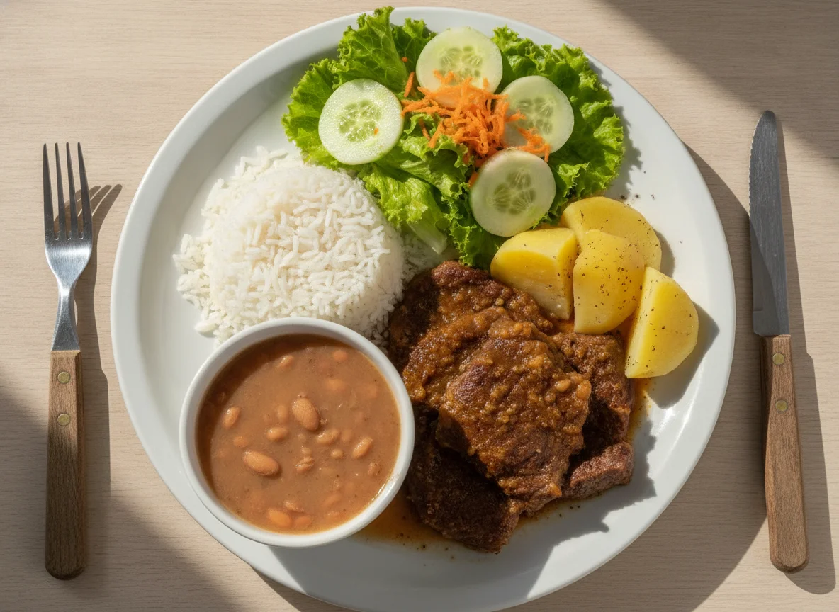 Prato feito com carne cozida, arroz, feijão, batatas e salada photo