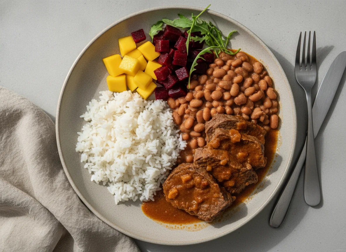 Prato Feito com Carne Cozida, Arroz, Feijão e Salada photo