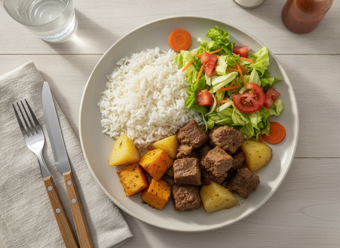 Prato feito com carne cozida, batata-doce, arroz e salada photo