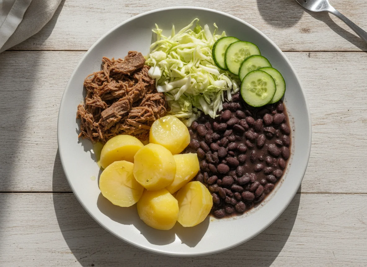 Prato feito com carne cozida, batatas, feijão preto, repolho e pepino photo