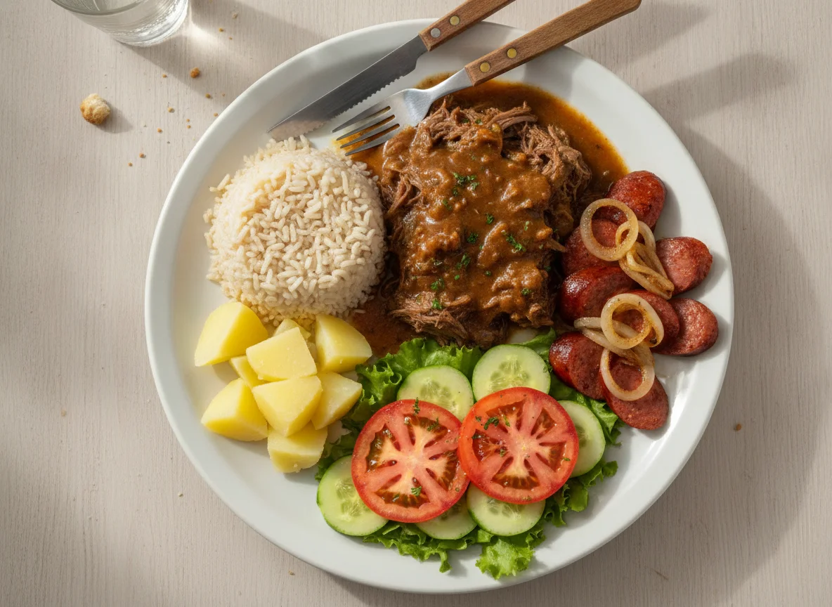 Prato Feito com Carne Cozida, Linguiça e Salada photo