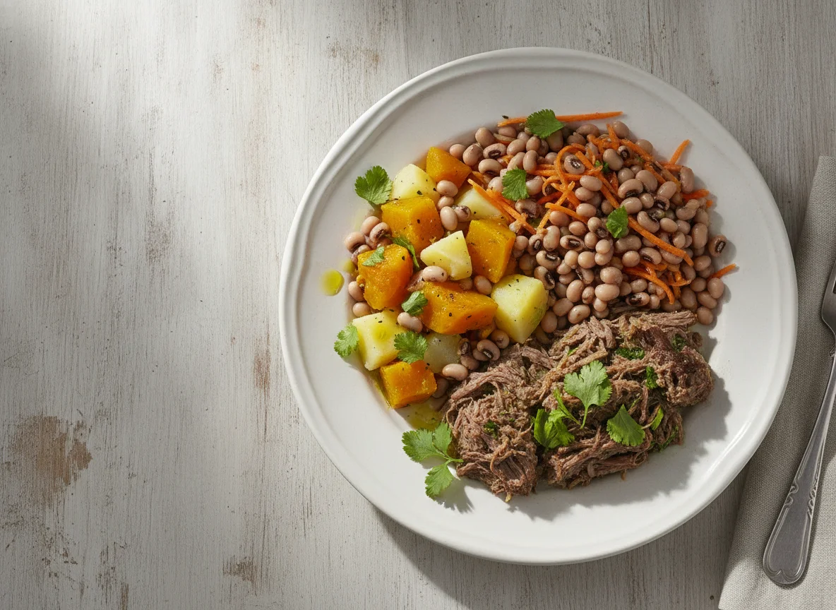 Prato Feito com Carne Cozida, Salada de Feijão Fradinho e Legumes photo