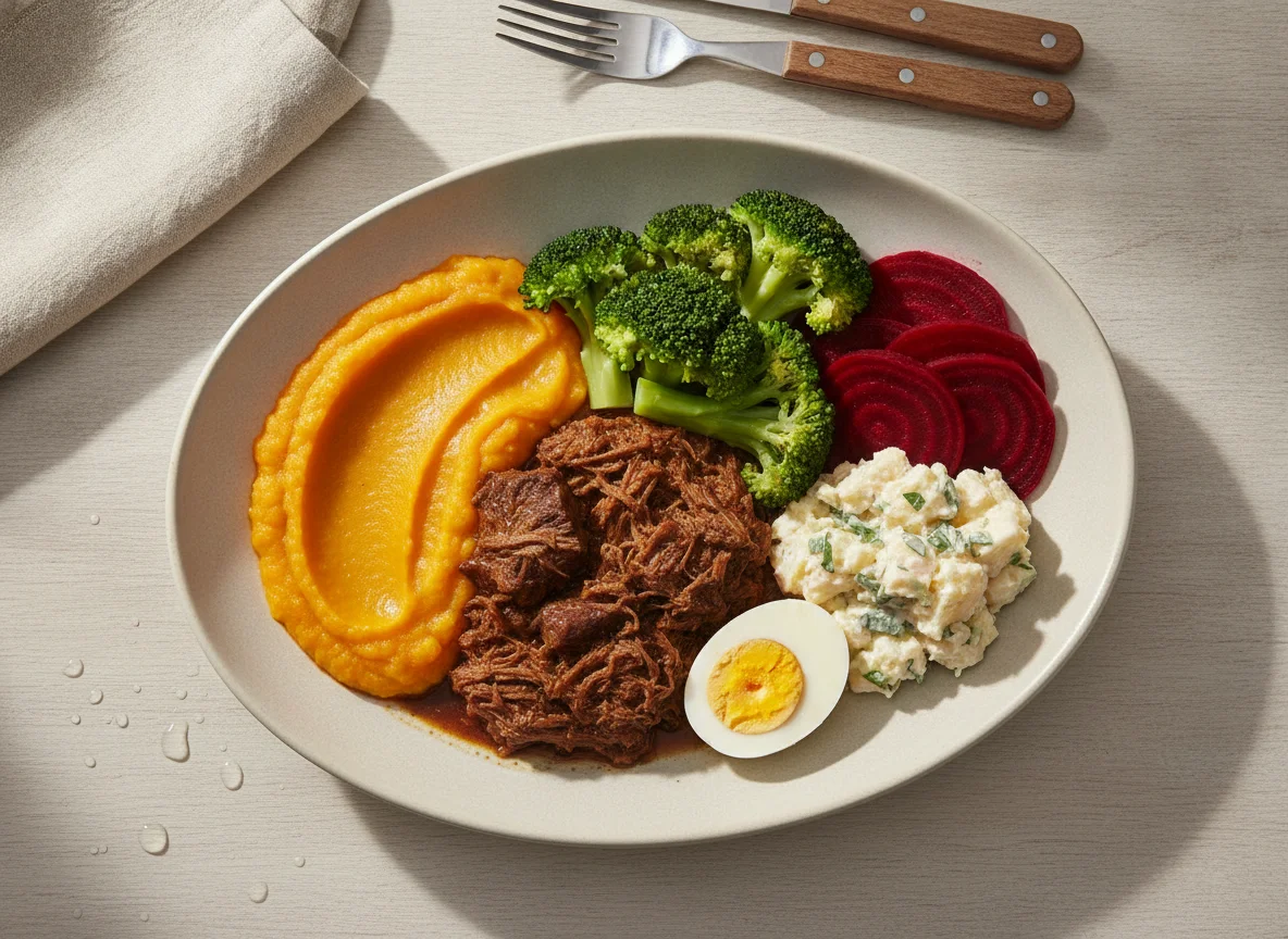 Prato Feito com Carne de Panela, Abóbora e Salada photo