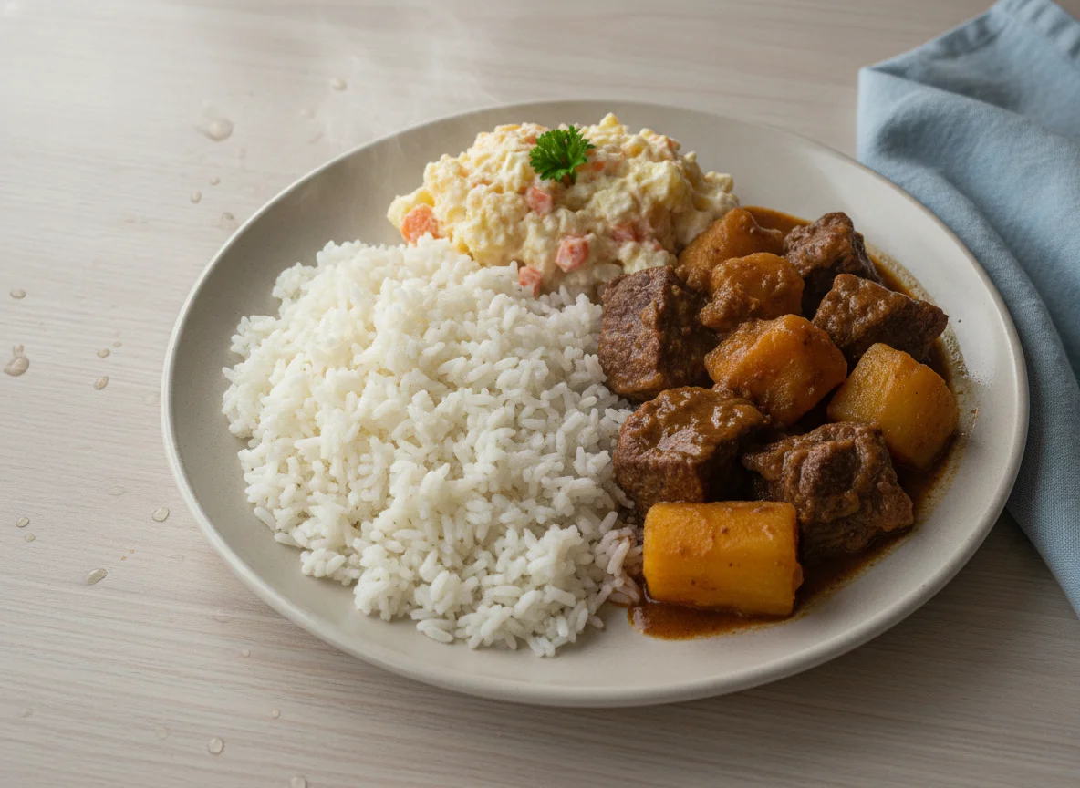 Prato feito com carne de panela, arroz e salada de maionese photo