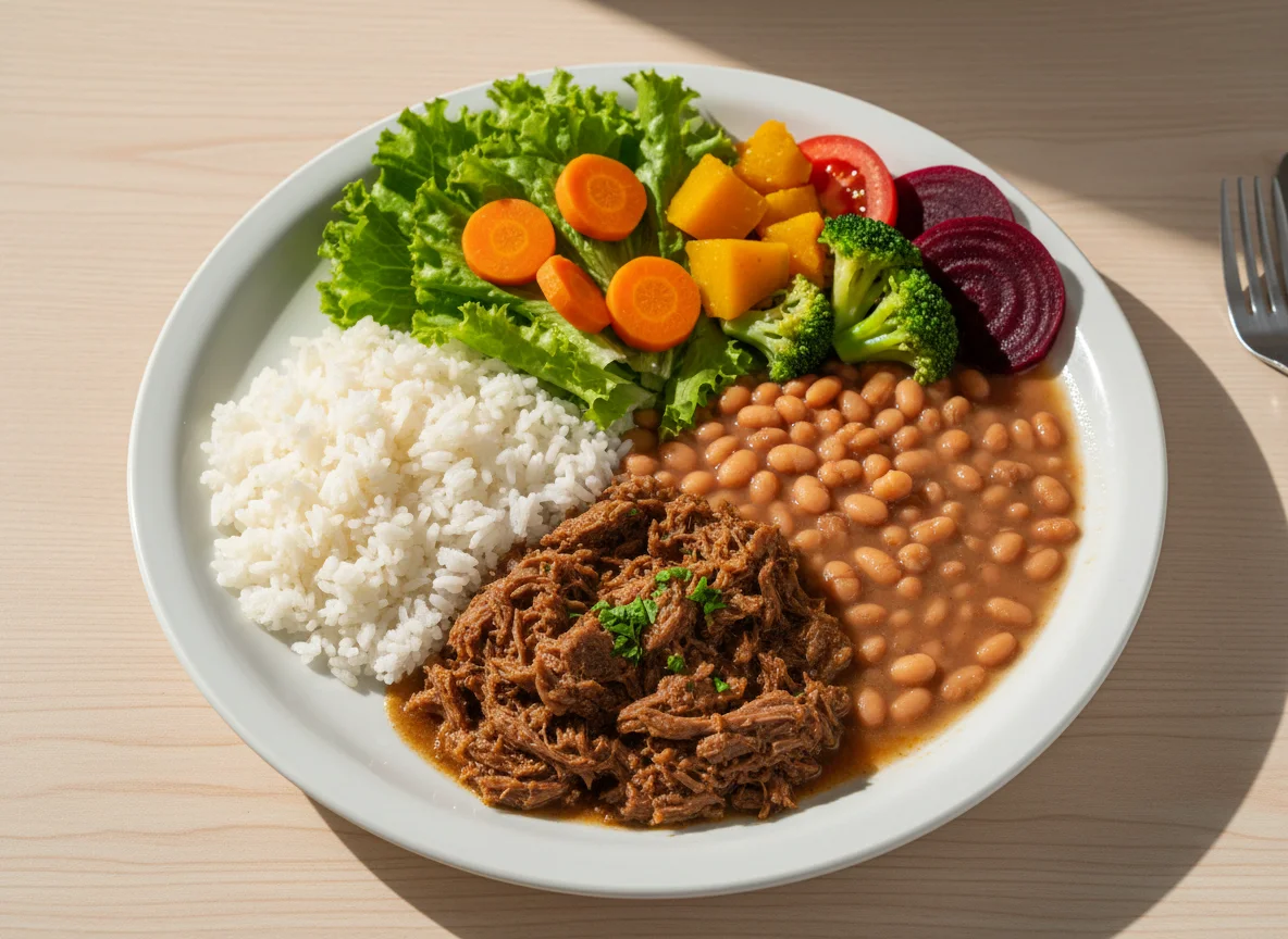 Prato feito com carne de panela, arroz, feijão e salada variada photo